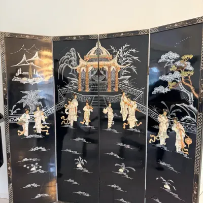 Large 4-Panel Asian Black Lacquer Folding Screen with Mother-of-Pearl Figural Inlay