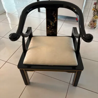 Asian-Inspired Black Lacquer Armchair with Upholstered Seat