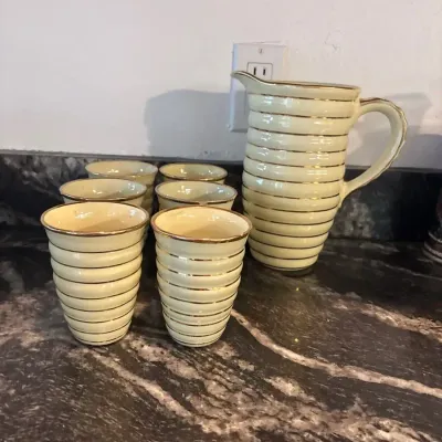 Vintage Ribbed Ceramic Pitcher & Tumbler Set – Cream with Gold Trim - Chipped 