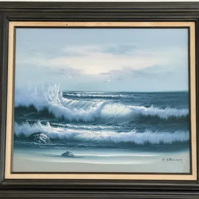 Signed Original Coastal Seascape Painting on Canvas – Breaking Waves & Seagulls