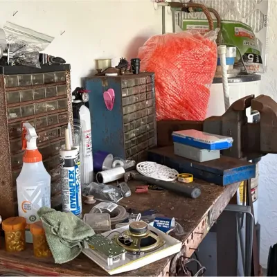 Contents Of Workbench, Ladder, Dethatcher , Fertilizer 