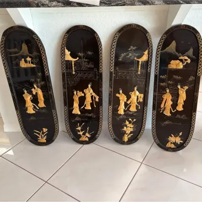 Set of 4 Asian Chinoiserie Wall Panels with Figural & Landscape Scenes
