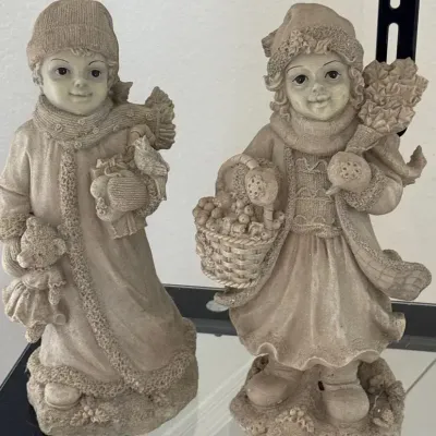 Pair of Victorian-Style Winter Children Figurines with Baskets & Toys 