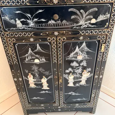 Vintage Chinese Black Lacquer Cabinet with Raised Hardstone Figures & Landscape Décor