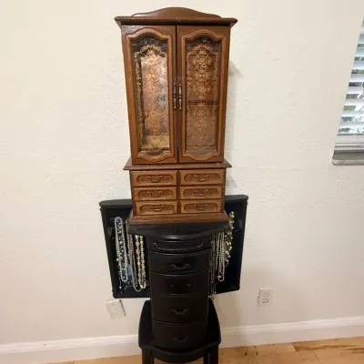 Two Jewelry Armoires with Mirrored Cabinet & Assorted Costume Jewelry