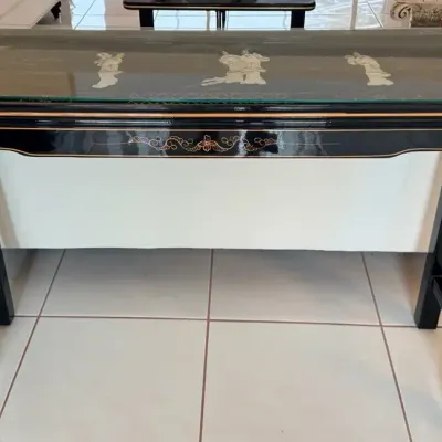 Asian-Style Black Lacquer Console Table with Porcelain Figures Under Glass