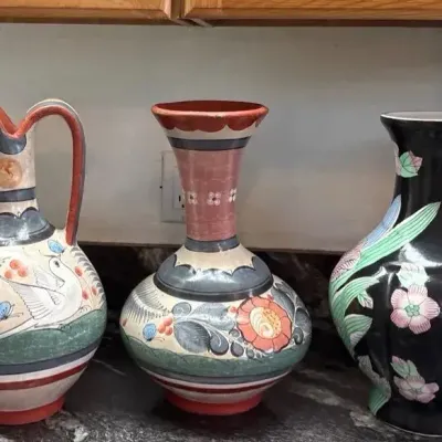 Trio of Hand-Painted Decorative Pottery Vases & Pitcher 