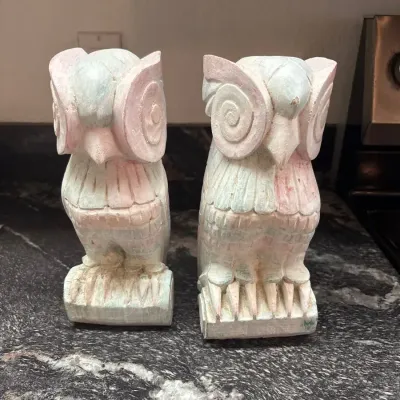 Pair of Hand-Carved Pastel Wooden Owl Figurines