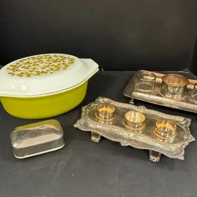 Two Plated Silver Ink Wells, Pyrex & Trinket Box