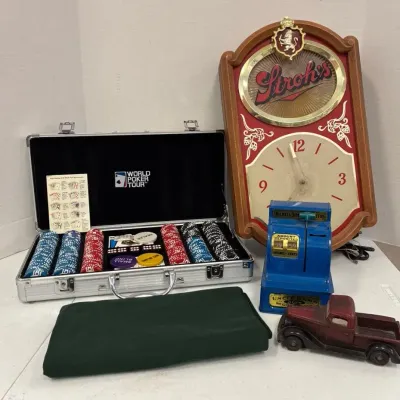 World Poker Tour Poker Set, Stroch’s Clock & Uncle Sam’s 3 Coin Register 