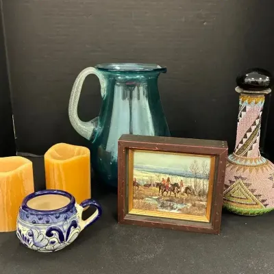 Beaded Vase, Pitcher & Native American Painting 