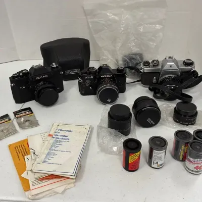 Yashica FX-3, Honeywell Pentax, & Sears TLS 500 MX Film Cameras W/ Lenses, Film, & Manuels 