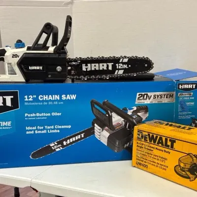 Hart 12” 20V Chain Saw & DeWalt Angle Grinder