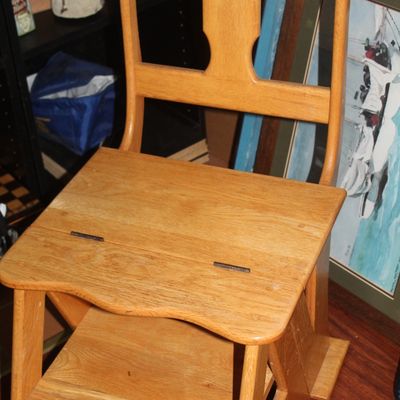 Vintage solid oak convertible step stool chair, featuring a flip-over design that converts from a high-back dining chair into a small...