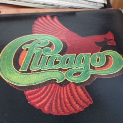 Vintage vinyl LP album cover for Chicago VIII, featuring the embroidered cardinal design on a black background.