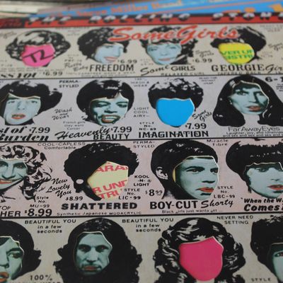 Vintage 1978 vinyl LP jacket for The Rolling Stones' album "Some Girls", featuring the original die-cut celebrity hair...