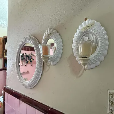 Vintage white hobnail milk glass wall mirror and matching pair of candle sconce mirrors, mid-20th century.