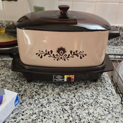 Vintage West Bend multi-purpose cooker featuring a beige pot with a brown floral motif, a dark brown heating base, and a matching glass lid.