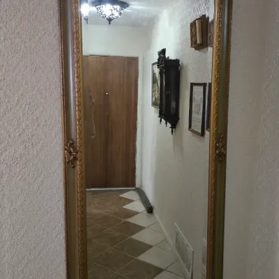 Large, rectangular wall mirror featuring an ornate gold-painted frame with decorative corner and side flourishes.