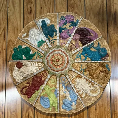 Vintage mid-century molded plastic astrological zodiac wheel wall hanging, featuring colorful, textured depictions of the twelve signs on...