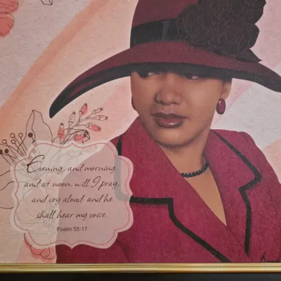 Framed art print depicting an elegant woman in a magenta hat and suit, featuring the biblical scripture Psalm 55:17 in a decorative...