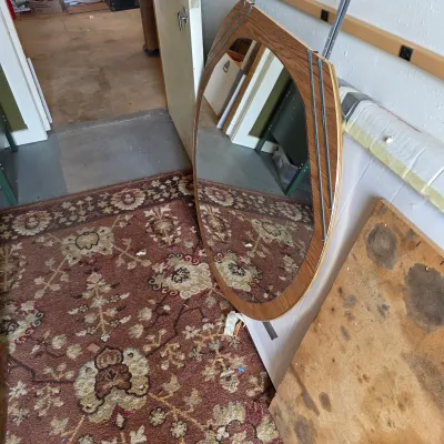 Sale Photo Thumbnail #6: Vintage asymmetrical wall mirror with a light oak wood frame, circa 1980s.