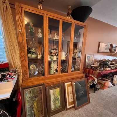 China cabinet various collectibles and figurines, framed artwork 