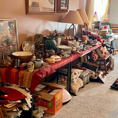 Framed artwork, table lamps, ceramic vases, and collectibles 