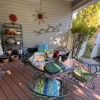 patio set, baker's rack wall decor.