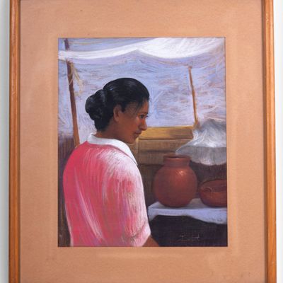 Signed & Framed Pastel on Paper of Native Potter