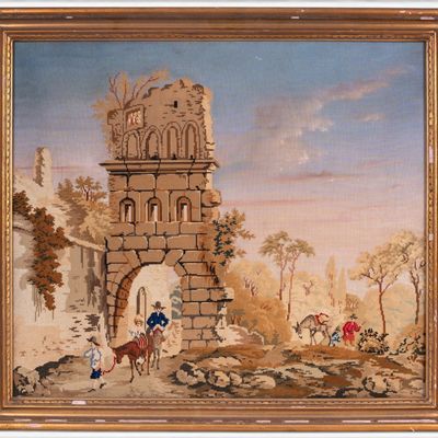 Early 19th C French Tapestry Embroidered & Painted