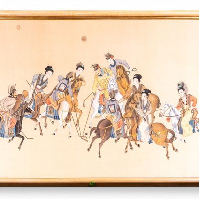6' W Chinese Watercolor Polo on Horseback