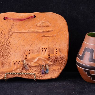 Southwestern Terracotta Etched Vase & Wall Plaque