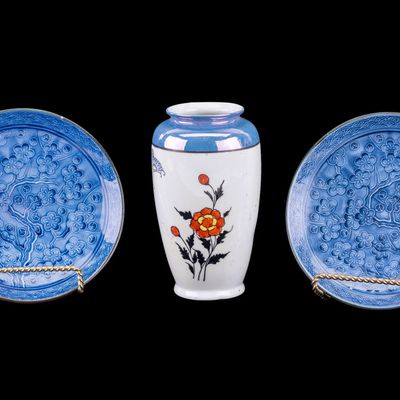 Japanese Blue Plum Blossom Plates & Porcelain Vase