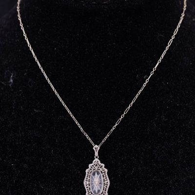Art Deco 10K White Gold Filigree Camphor Pendant