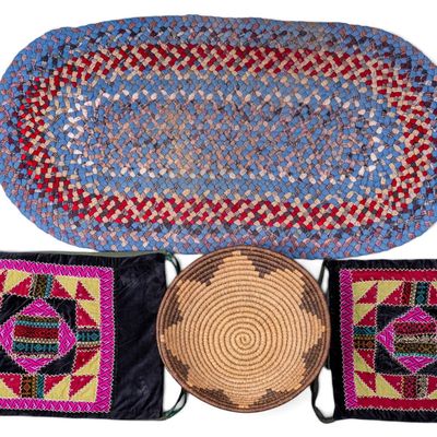 Crazy Quilt Covers, Reeded Basket & Braided Rug