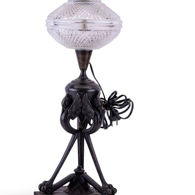 Cast Bronze Tripod Birds & Cut Glass Table Lamp