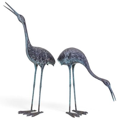 Vintage Cast Metal Garden Crane Sculptures Pair