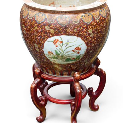 Vintage Famille Rose Koi Planter with Stand