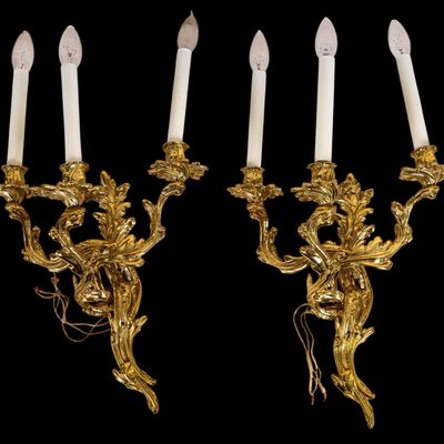 Pr Vintage Louis XV Rococo Style 3-Arm Sconces