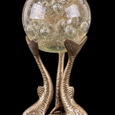 Vintage Glass Orb on Brass Dolphin Tripod Stand