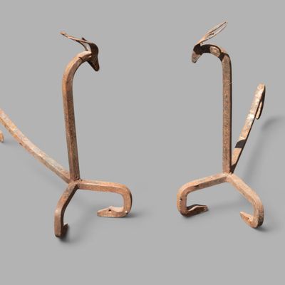 Pair of Early Iron Stag-Form Andirons