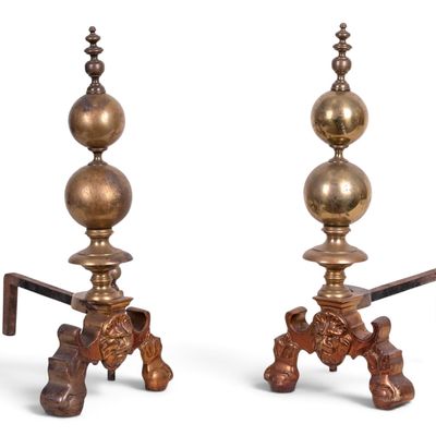 Pr Brass & Iron Lion Andirons