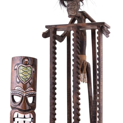 Carved Wooden Mask & Tribal-Style CD Rack