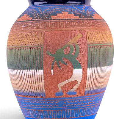 Signed Navajo Etched Pottery Vase Kokopelli Motif