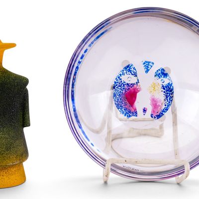 Kosta Boda Glass Man in Green Trench Coat & Bowl