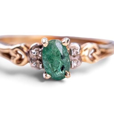 10K Yellow Gold Emerald & Diamond Victorian Ring