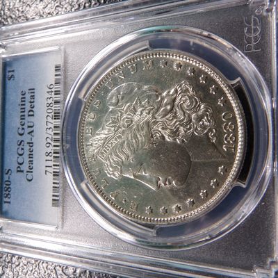 1880-S PCGS AU. DETAIL MORGAN SILVER DOLLAR GENUINE CLEANED