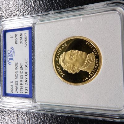 2008-S IGS PR70 DCAM JAMES MONROE 5TH PRES. 1ST DAY OF ISSUE PROOF DOLLAR