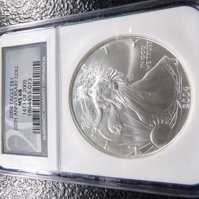 2004 NGC MS68 20TH ANNIV. COLL. AMERICAN SILVER EAGLE DOLLAR